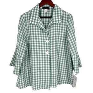 NEW NWT Yushi M Sage Seafoam Green Wearable Art Blouse Shirt Top Tropical Beach